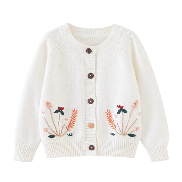 Miccina Baby Girls Cardigan Sweater Toddler Boys Knit Embroidery Wheat Jacket Outwear Button Tops White